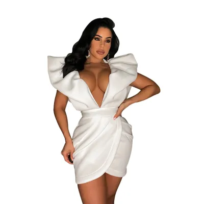 Women Sexy Fashion Deep V Neck Backless Solid Color Ruffled Wrap Dress