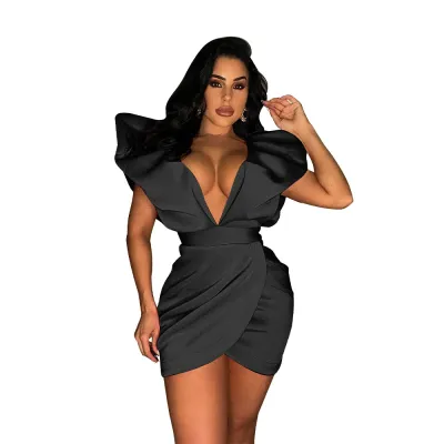 Women Sexy Fashion Deep V Neck Backless Solid Color Ruffled Wrap Dress