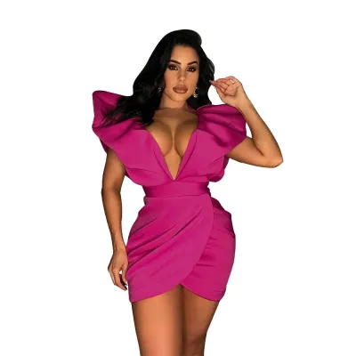 Women Sexy Fashion Deep V Neck Backless Solid Color Ruffled Wrap Dress