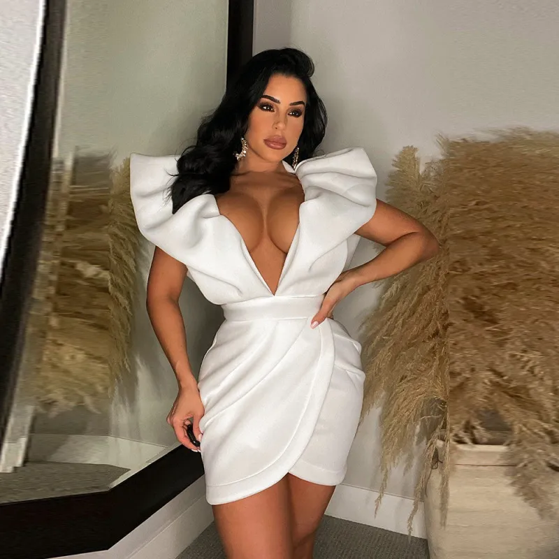 Women Sexy Fashion Deep V Neck Backless Solid Color Ruffled Wrap Dress