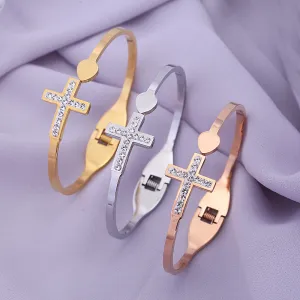 Women Creative Cross Diamond Heart Opening Stainless Steel Bracelet Fashion Commute