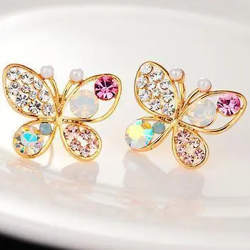 Women Fashion Multicolor Rhinestone Hollow Butterfly Imitation Pearl Stud Earrings