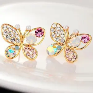 Women Fashion Multicolor Rhinestone Hollow Butterfly Imitation Pearl Stud Earrings
