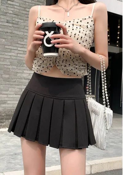 Women Preppy Style Solid Color Pleated Tennis Skirt