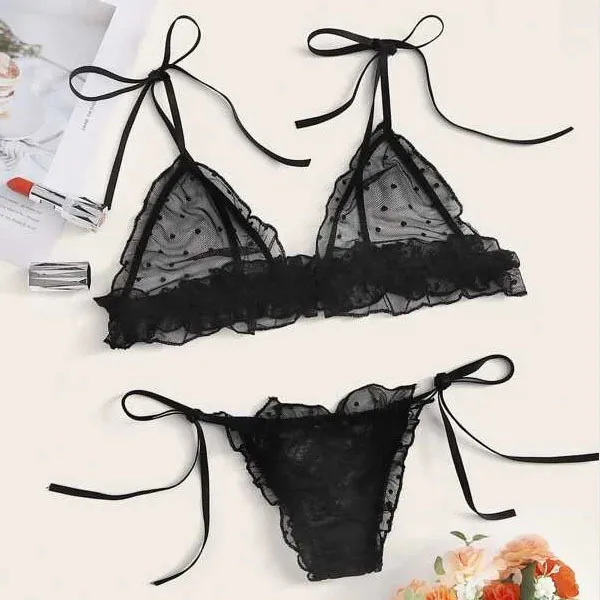Bras Sets Women Sexy Underwear Set Mesh Lace Black White Dot
