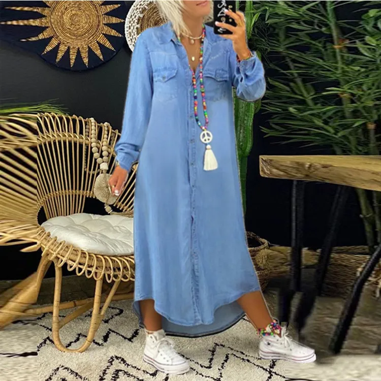 Women Casual Long Sleeve Polo Collar Denim Dress