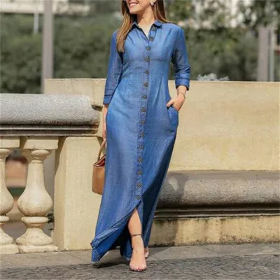Women Retro Maxi Denim Dress Casual Lapel Single-Breasted Long Sleeve