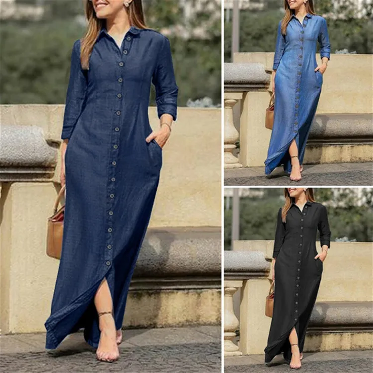 Women Retro Maxi Denim Dress Casual Lapel Single-Breasted Long Sleeve