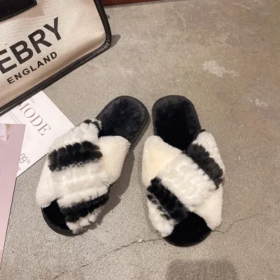 Women Fashion Colorblock Flat Open Toe Crossover Plush Slippers