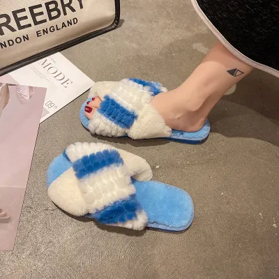 Women Fashion Colorblock Flat Open Toe Crossover Plush Slippers