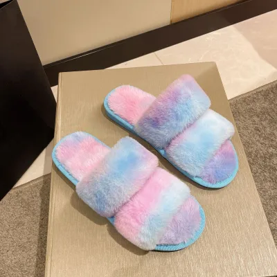 Women Parallel Bars Autumn Winter Colorful Stripe Plush Open Toe Thicken House Slippers