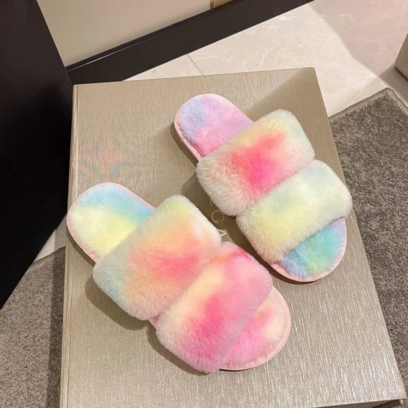 Women Parallel Bars Autumn Winter Colorful Stripe Plush Open Toe Thicken House Slippers