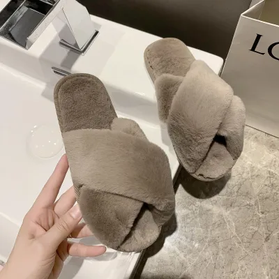 Plus Size Women Open Toe Cross Fur Slippers Slip On Flat Heel