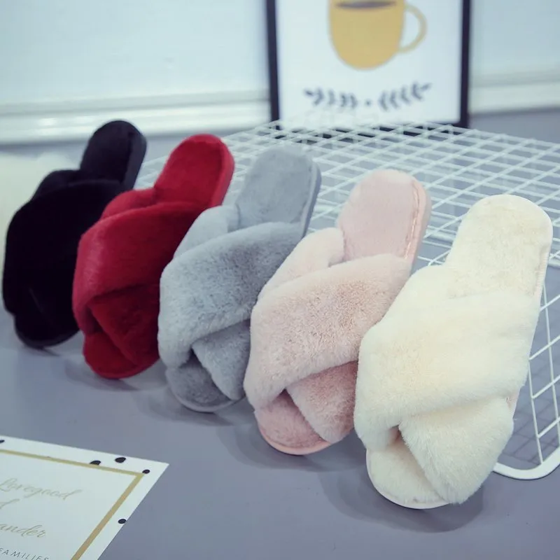Plus Size Women Open Toe Cross Fur Slippers Slip On Flat Heel
