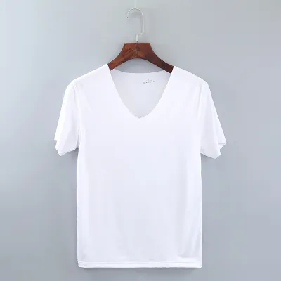 Men Casual Plus Size Basic Seamless Ice Silk V-Neck T-Shirt
