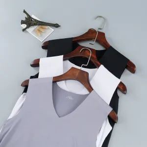 Men Casual Seamless Ice Silk Sleeveless V-Neck Large Size Solid Color Tank Top
