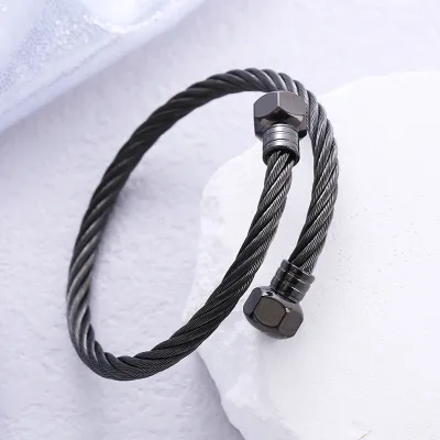Women Creative Hexagon Head Wire Braided Opening Stainless Steel Punk Bracelet