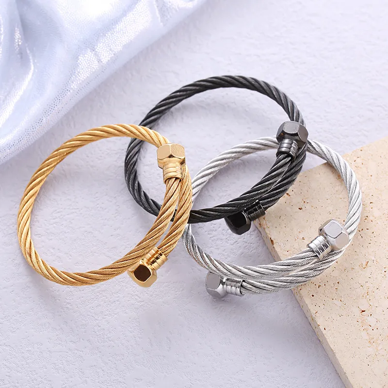 Women Creative Hexagon Head Wire Braided Opening Stainless Steel Punk Bracelet