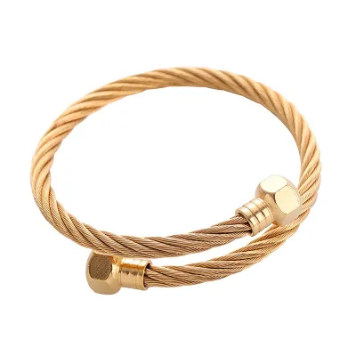 Women Creative Hexagon Head Wire Braided Opening Stainless Steel Punk Bracelet