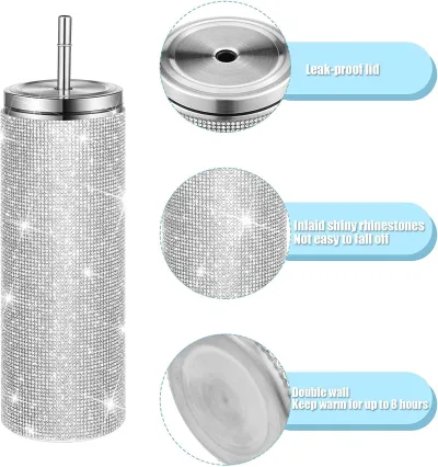 Simple Fashion Stainless Steel Vacuum Straw Rhinestone Travel Mug with Handle and Rope (S-5XL)