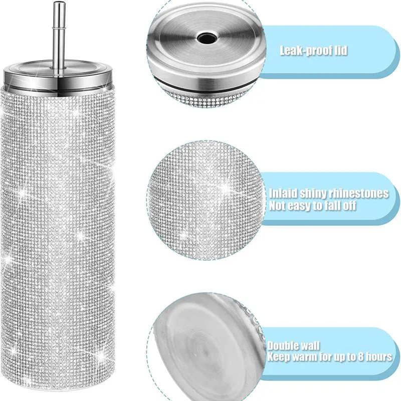 Simple Fashion Stainless Steel Vacuum Straw Rhinestone Travel Mug with Handle and Rope (S-5XL)