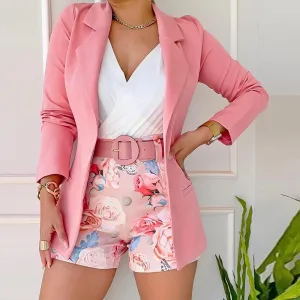 Women Casual Solid Color Blazer And Floral Printing Shorts Set