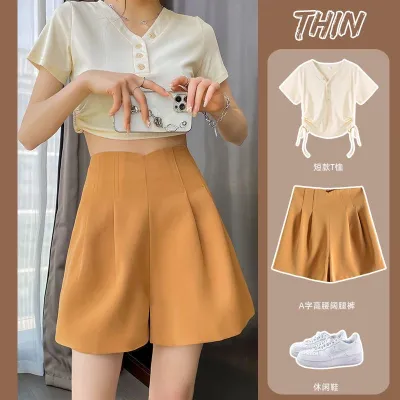 Women Vintage Retro Casual High Waist Loose Fit Polyester Shorts