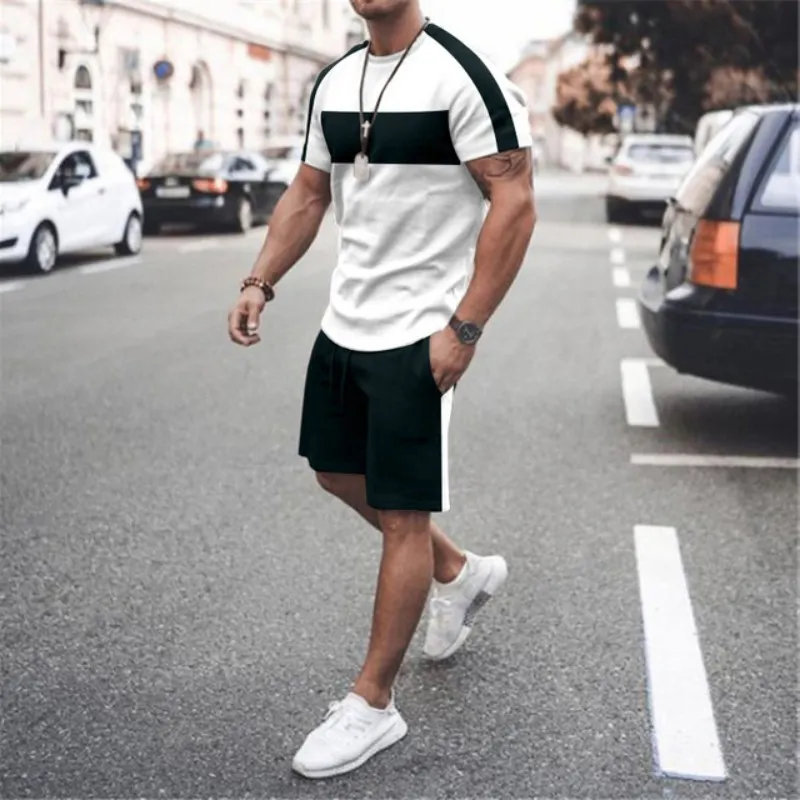 Men Fashion 3D Printing Round Neck Large Size T-Shirt And Shorts Two-Piece Set