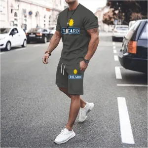 Men Fashion Round Neck Print Large Size Loose Short-Sleeved T-Shirt And Shorts Two-Piece Set