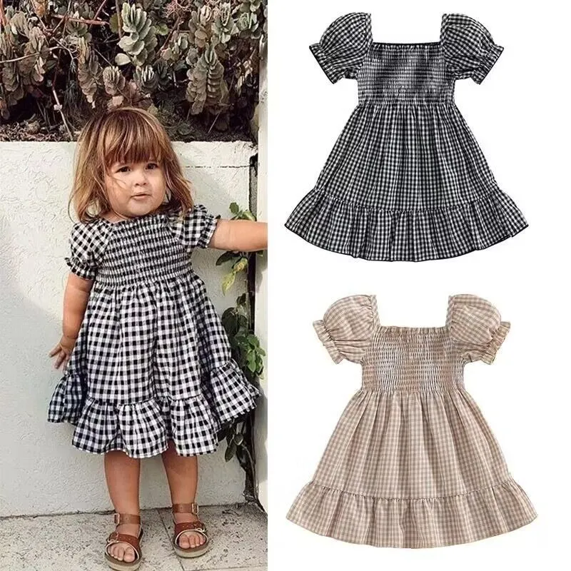 Toddlers Newborn Baby Girls Short Sleeve Casual Basic Plaid Print A-Line Princess Dress