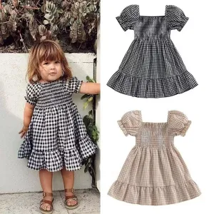 Toddlers Newborn Baby Girls Short Sleeve Casual Basic Plaid Print A-Line Princess Dress