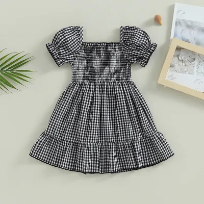 Toddlers Newborn Baby Girls Short Sleeve Casual Basic Plaid Print A-Line Princess Dress