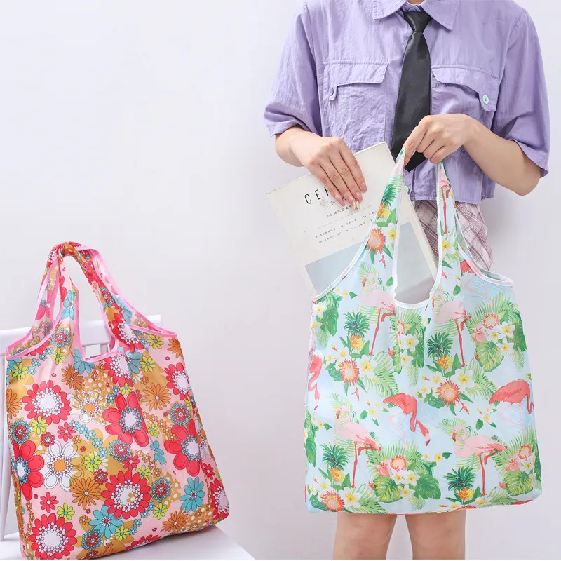 Simple Eco-Friendly Vegetable Print Foldable Supermarket Shopping Bag with Handle
