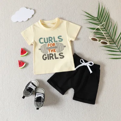 Toddlers Newborn Baby Boys Fashion Casual Short Sleeve Letter Curls Print T-Shirt And Shorts 2pcs Set