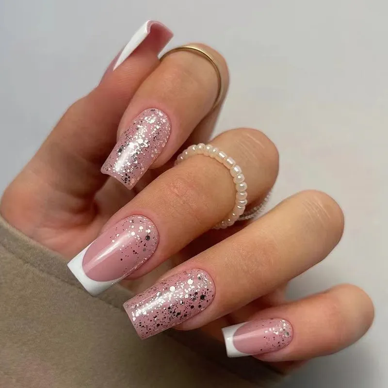 Women Fashion Simple White Edge Silver Glitter Wearable False Nails