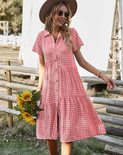 Women Casual Plaid Single Breasted Lapel Short Sleeve Midi Dress