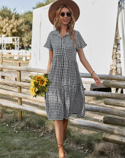 Women Casual Plaid Single Breasted Lapel Short Sleeve Midi Dress