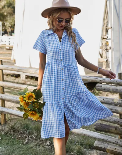 Women Casual Plaid Single Breasted Lapel Short Sleeve Midi Dress