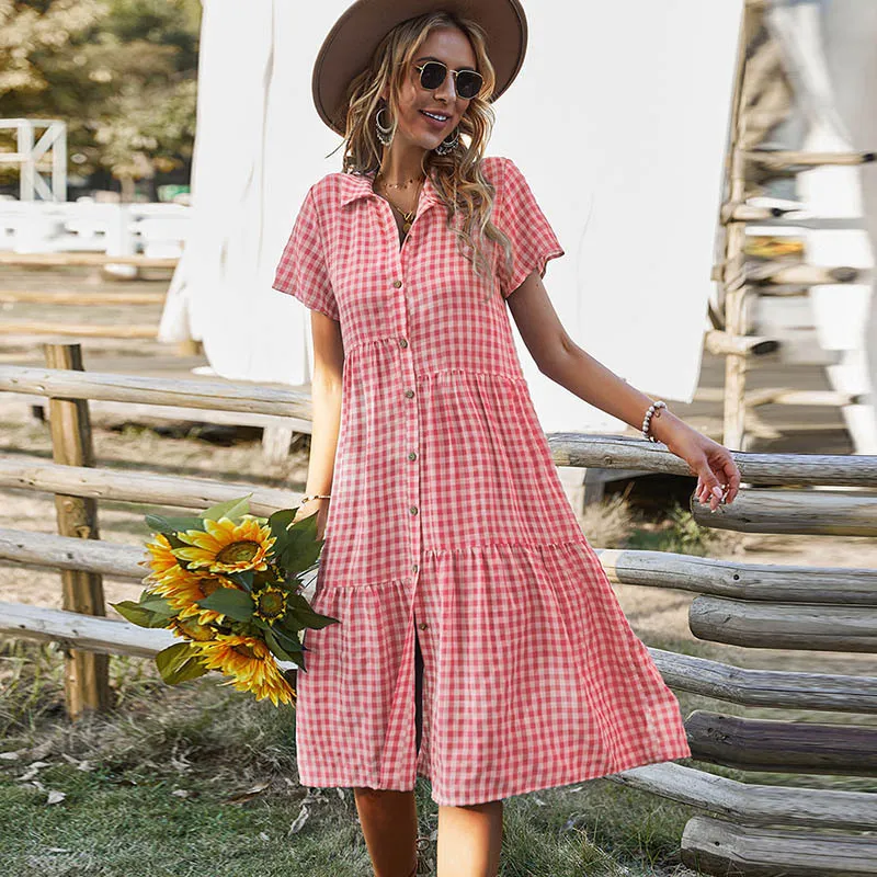 Women Casual Plaid Single Breasted Lapel Short Sleeve Midi Dress