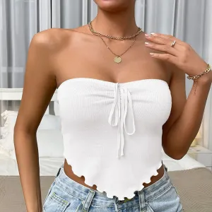 Women Fashion Sexy Elegant Knitted Solid Color Lace Up Backless Creased Tube Crop Top