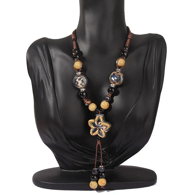 Women's Bohemian Vintage Ceramic Beads Handmade Tassel Lariat Necklace