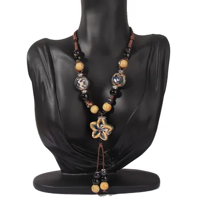 Women's Bohemian Vintage Ceramic Beads Handmade Tassel Lariat Necklace