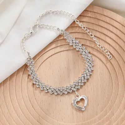 Women Fashion Rhinestones Hollow Heart Pendant Geometric Anklet