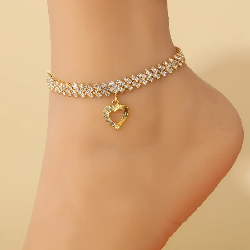 Women Fashion Rhinestones Hollow Heart Pendant Geometric Anklet
