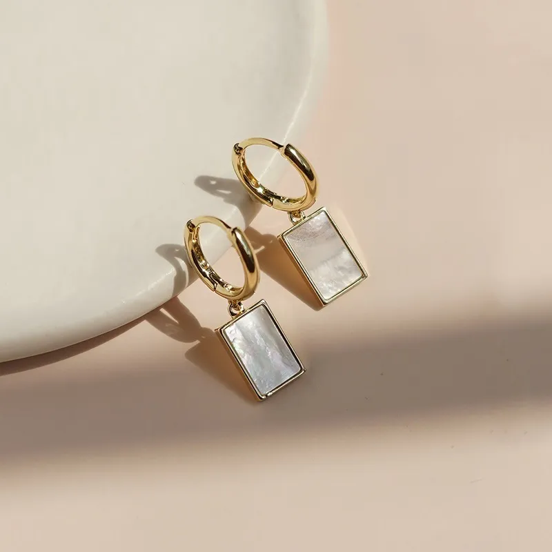 Women Fashion Elegant White Shell Rectangle Dangle Hoop Earrings