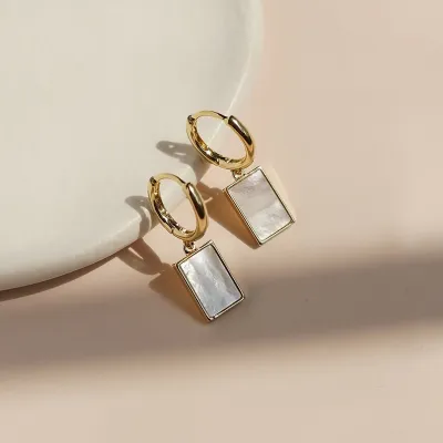 Women Fashion Elegant White Shell Rectangle Dangle Hoop Earrings