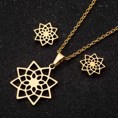 Women Fashion Hollow Glossy Stainless Steel Flowers Stud Earrings Pendant Necklace Jewelry Set