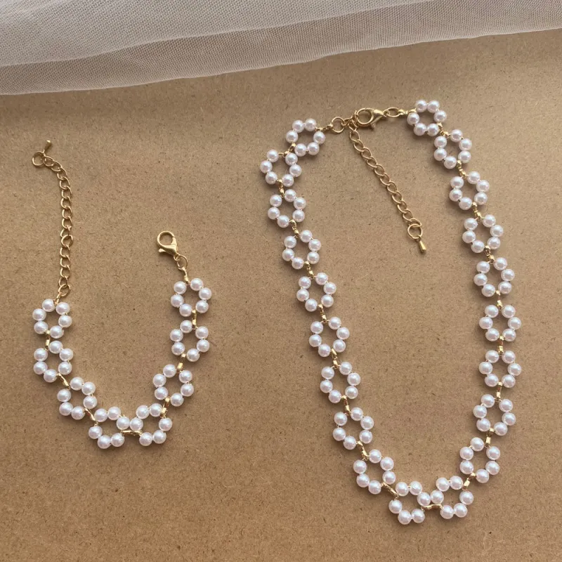 Women Fashion Imitation Pearls Hollow Flowers Bracelet Necklace Jewelry Set