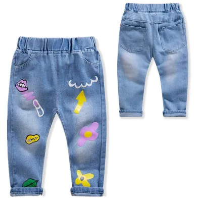 Children Kids Baby Fashion Girls Casual Basic Cute Floral Abstract Denim Pants
