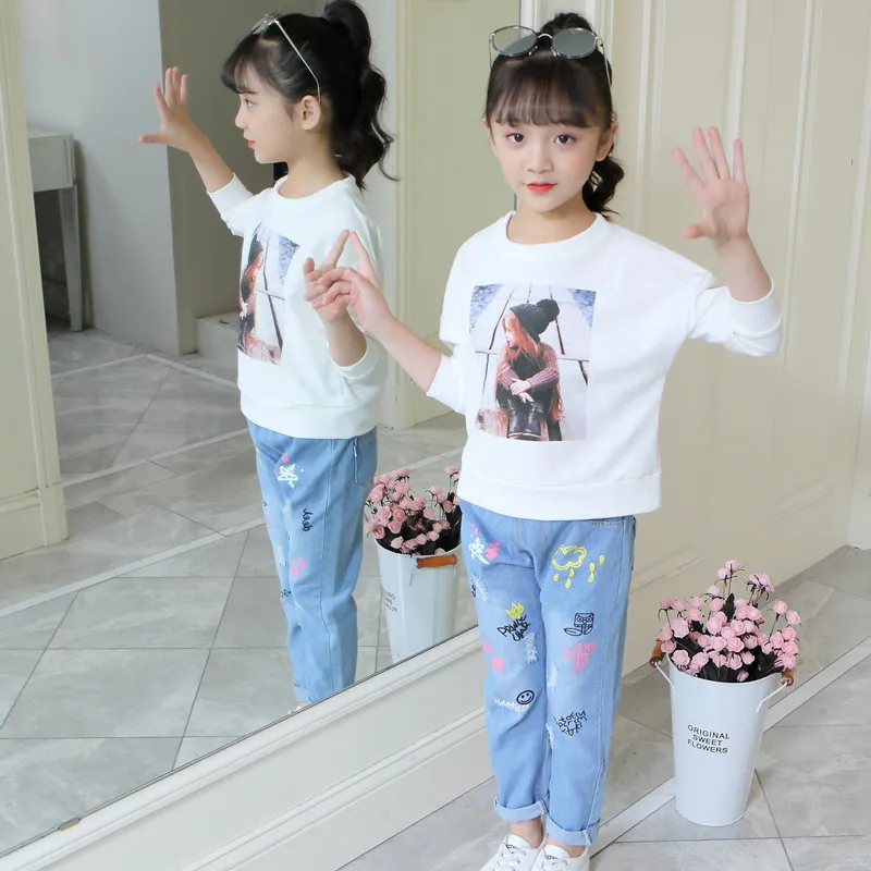 Children Kids Baby Fashion Girls Casual Basic Cute Floral Abstract Denim Pants